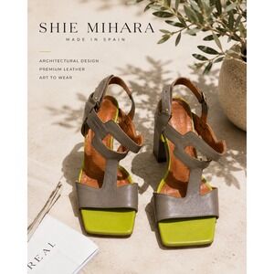 Shie Mihara Spain Architectural Leather‎ Block Heel Sandals Neon Grey Womens 39